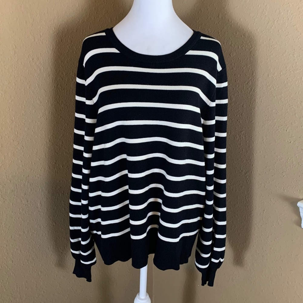 Marled Striped Knit Sweater Black Ivory Crewneck XL